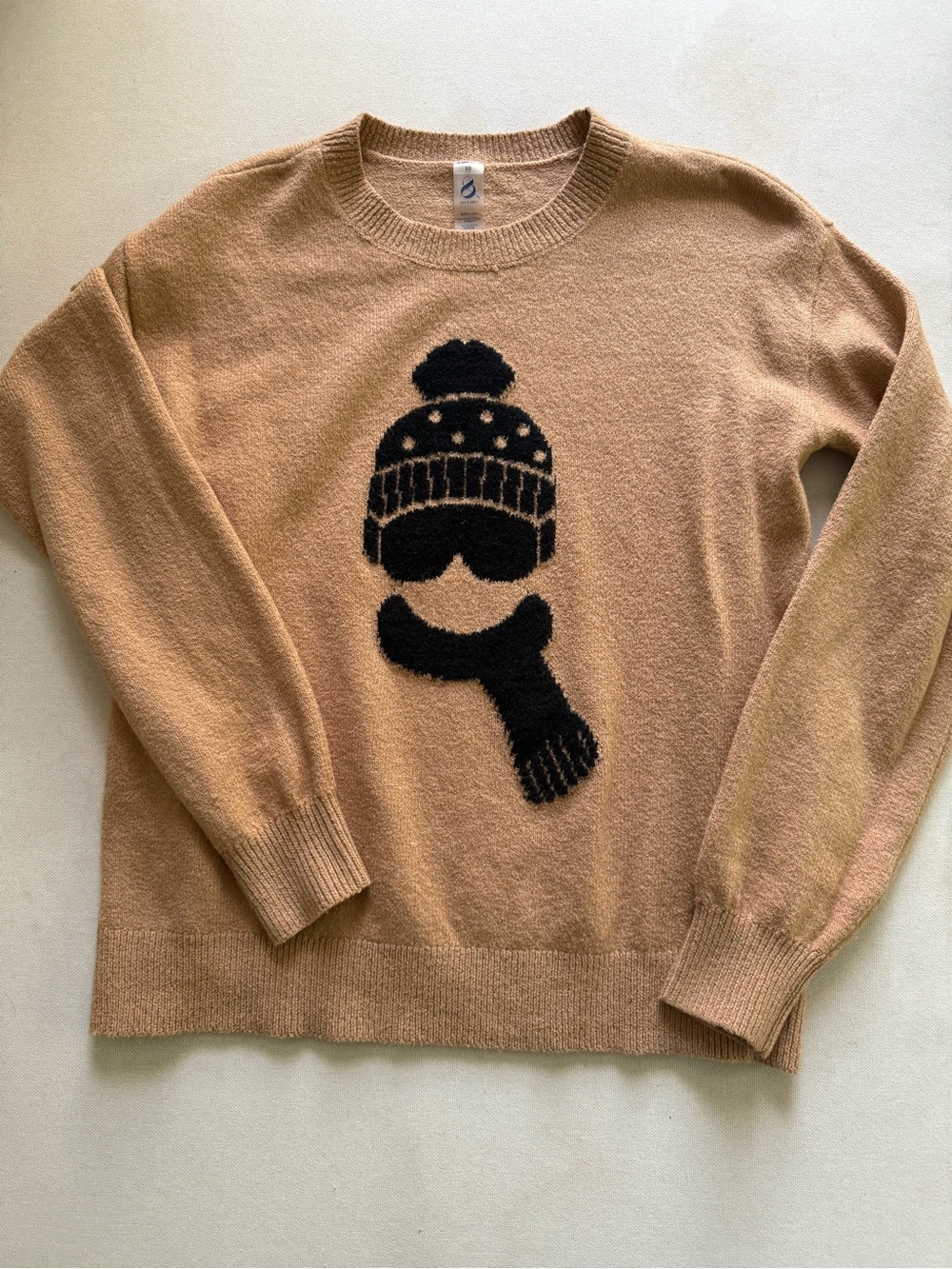 Lou & Grey Camel Crewneck Sweater with Black Winter Graphic